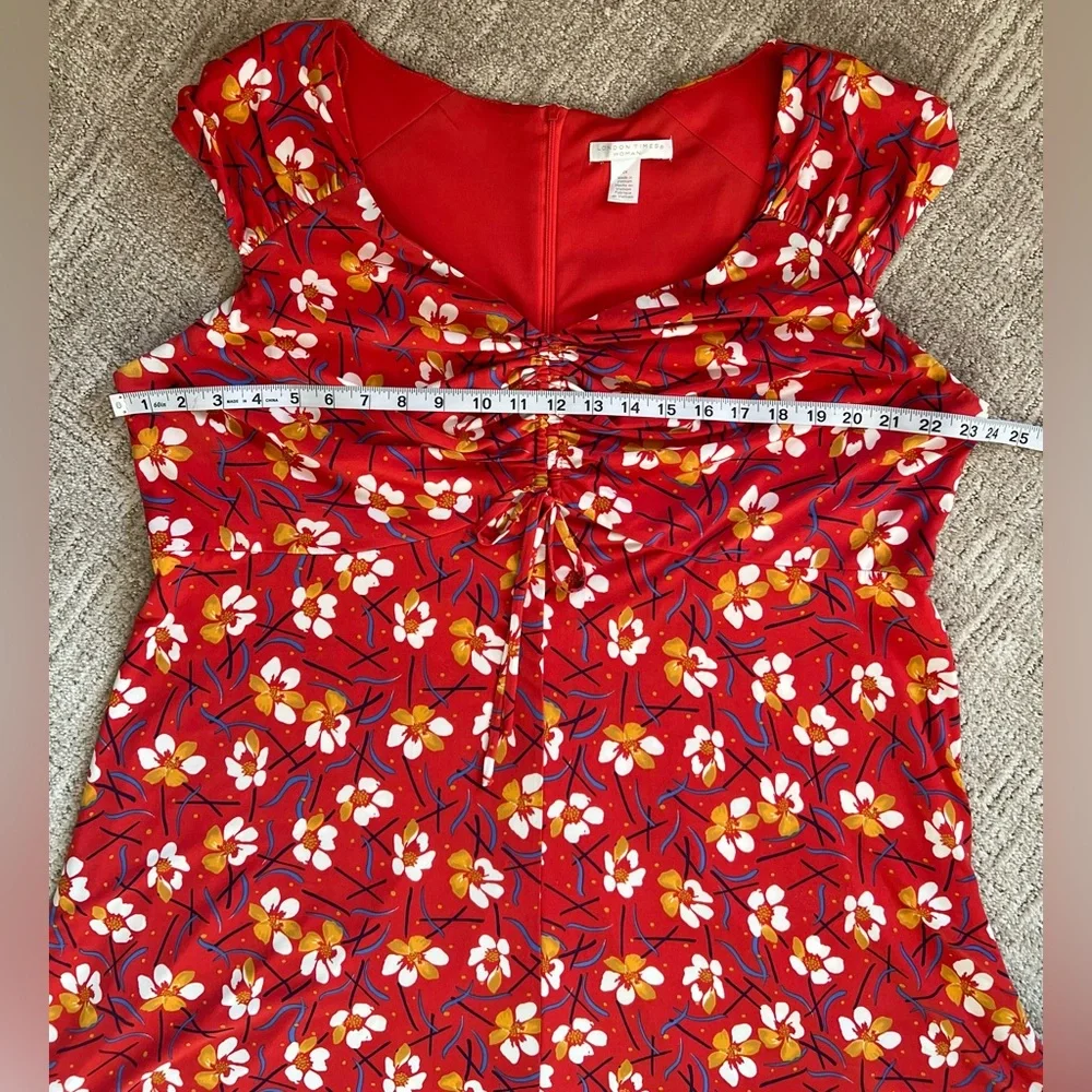 London Times Ruched Front Floral Cap Sleeve‎ Milkmaid Red Midi Dress Size 2X